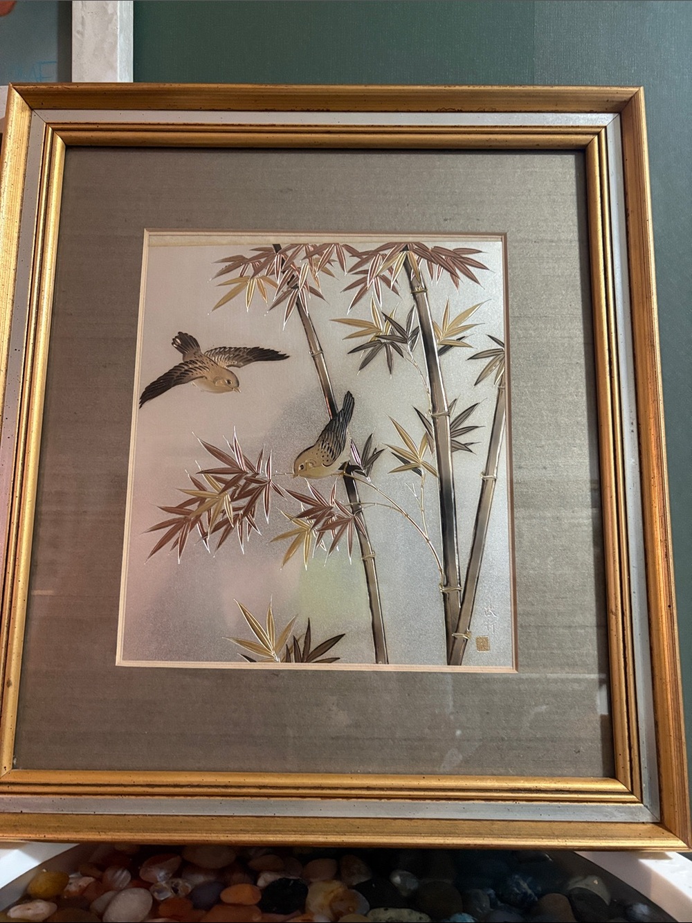 Framed Bamboo and Birds Wall Art - Gold Frame, Gray Mat